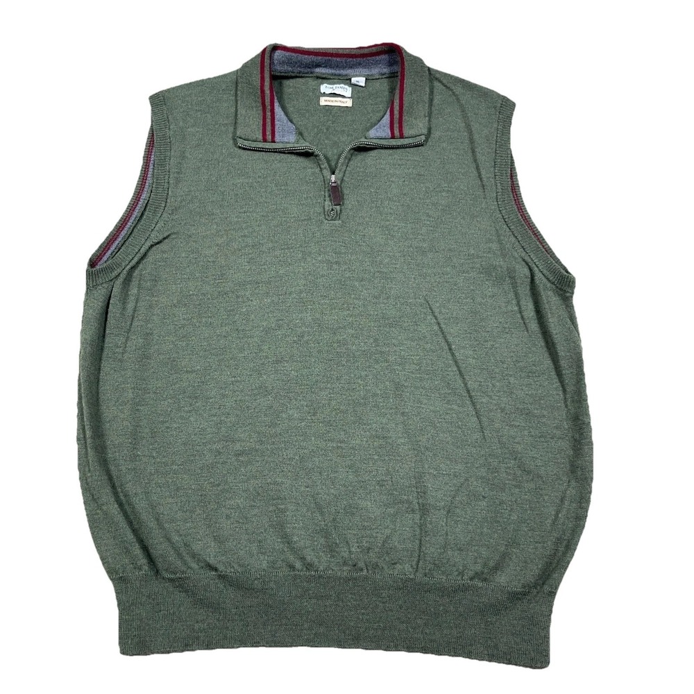 Tom James Sweater Vest Men XL Olive Green Merino Wool Quarter 1/4 Zip Pullover